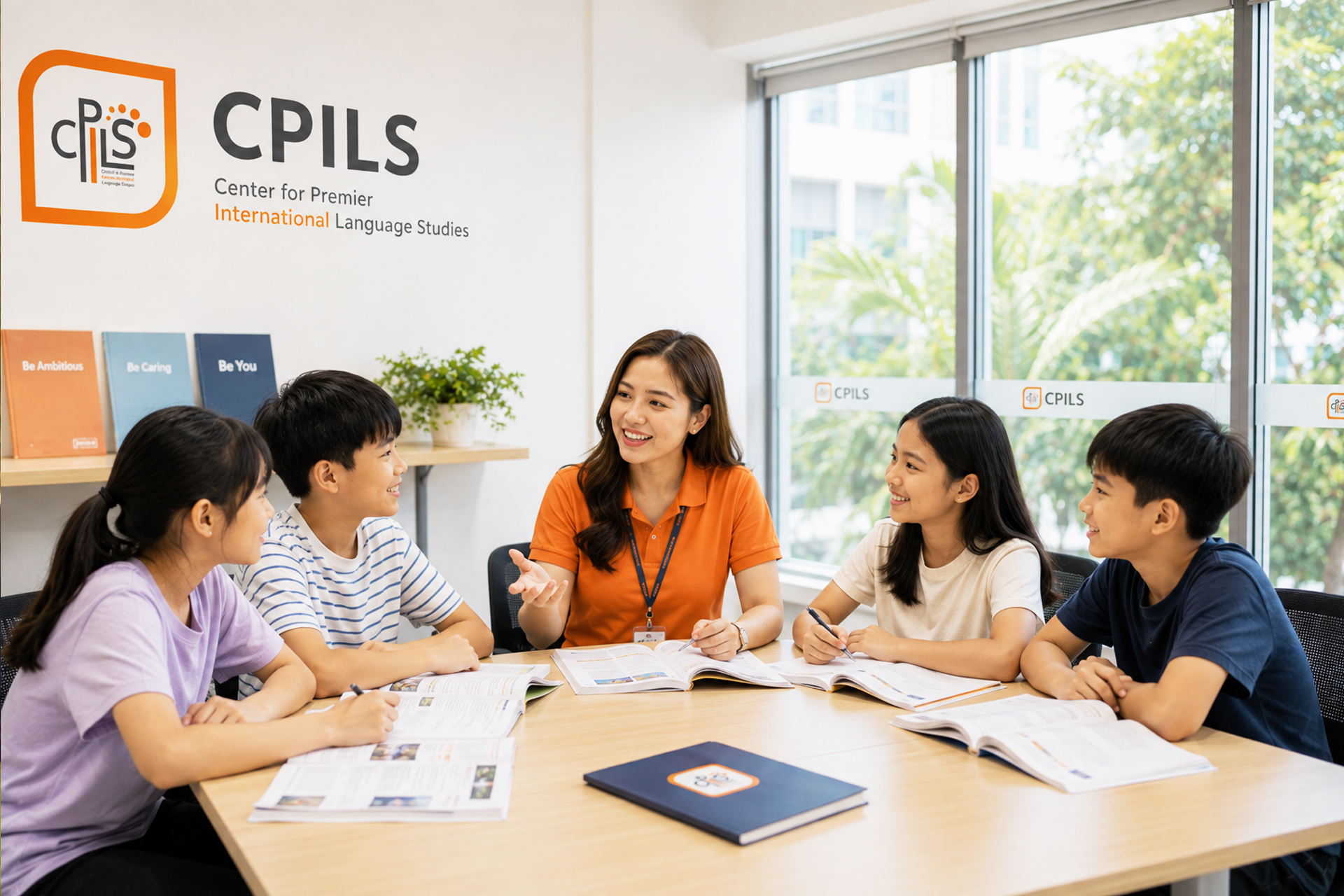 세부 CPILS 캠퍼스 잔디밭에서 원어민 강사님과 영어로 대화하는 캠프 학생들